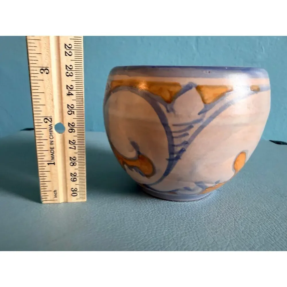 Italian Handpainted Majolica Signed Studio Pottery Cup Vase Blue Orange Wave